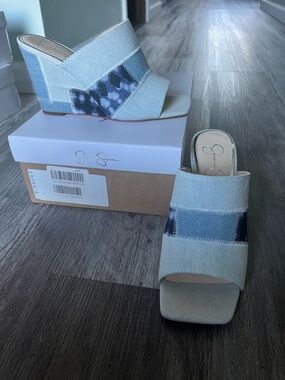 Jessica Simpson Light Denim Patchwork Wedge Slides